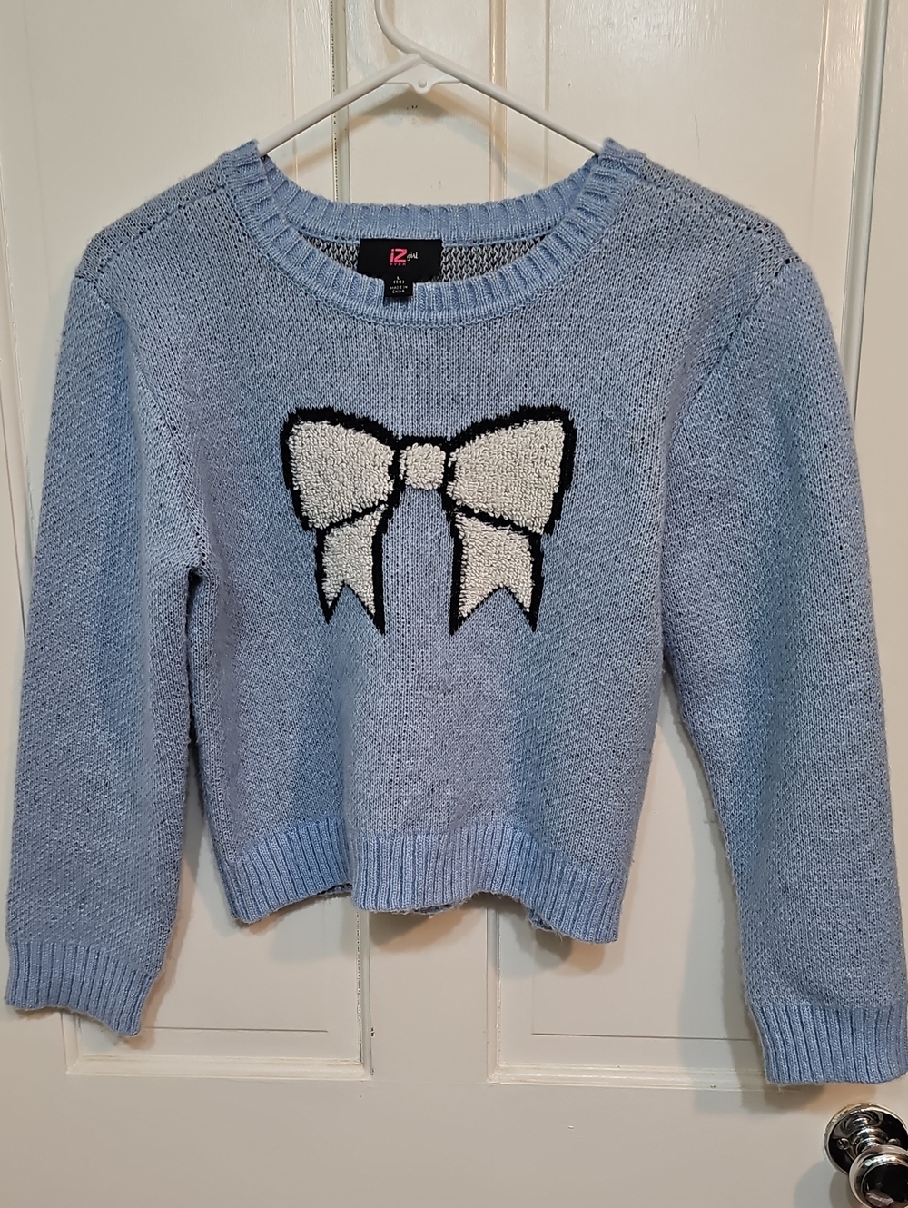 Iz Byer Light Blue Knit Sweater with White Bow Accent